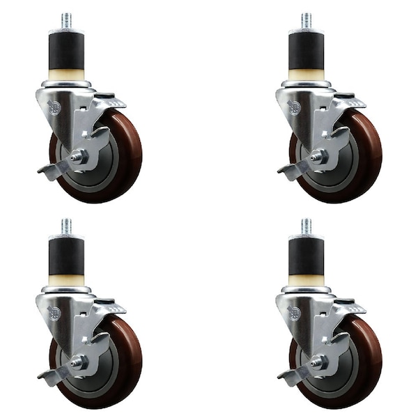 Service Caster 4'' Maroon Poly Swivel 1-7/8'' Expanding Stem Caster Set with Brake, 4PK SCC-EX20S414-PPUB-MRN-TLB-178-4 - main